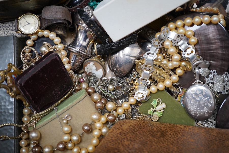 A quantity of assorted plated wares, collectables, watches, shell buckle, white metal and costume jewellery including micro mosaic, oval locket, brooches, pendants, white metal and paste spectacle necklace, a pewter ciga